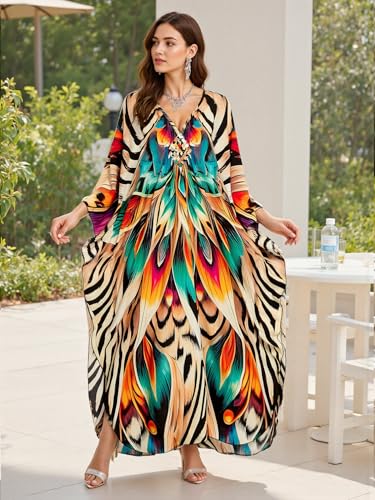 Image of IMAGEKOPE Women's Plus Size Animal Print V-Neck Batwing Kaftan Beach Dress Bathing Suit Cover-Up Loungewear