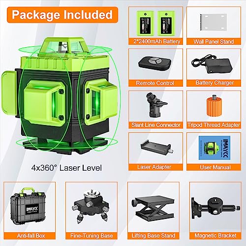 Image of IMAYCC Laser Level 360 Self Leveling, 16 Lines Green Beam Laser Level, 4x360 4D Cross Line Lazer Level for Construction with Remote Control, Anti-fall Box, Multiple Stands, Rechargeable Batteries