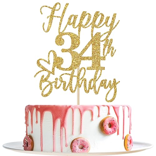 Décoration de gâteau d'anniversaire à paillettes dorées (34e anniversaire, paillettes dorées)