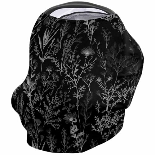 Nursing Cover for Breastfeeding Scarf, Black Plants Wildflowers Silhouette Baby Car Covers Super Soft Multi Use for Canopy Shopping Cart Cover Blanket Stroller Cover