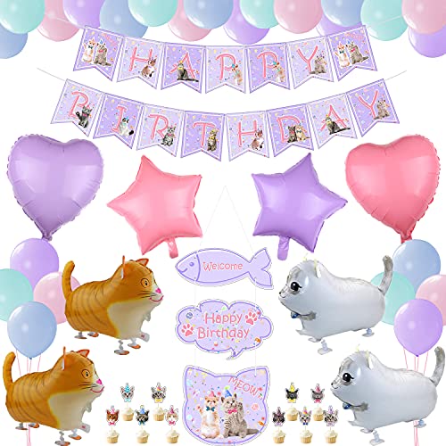 Cat Party Birthday Decoration, Happy Birthday Cat Banner, 20 Macaron Balloon, 10 Cake Topper, 4 Walking Cat Balloons, 4 Foil Balloon for Cat Birthday Party Supplies, Cat Lover, Kids Cat Theme Party(A)