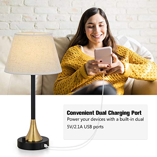 Table Lamps Set of 2, Bedside Nightstand Lamps with Dual USB Charging Ports, Desk Lamps with Metal Base Fabric Lamp Shade for Living Room Bedroom Office, 20\" High - Thumbnail 6