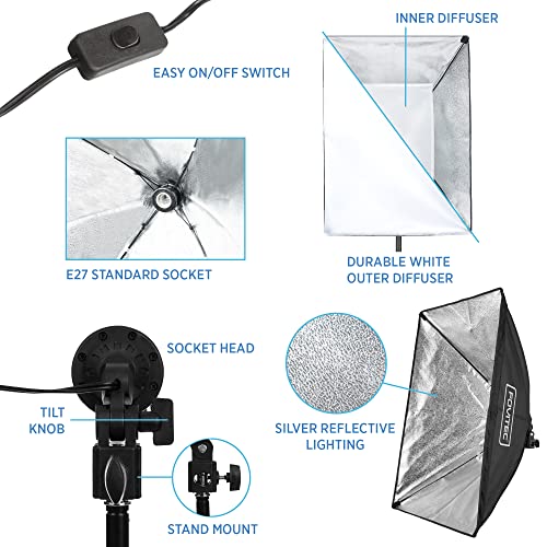 Fovitec 2-Light Fluorescent Studio Lighting Kit, 20"X28" Quick Setup Softboxes, 650W Continuous Light And Stands For Portraits, Product Photos, Vlogging, Video Conferencing, And Live Streaming #TOP1