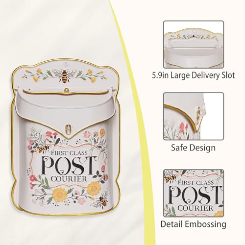 Image of Wall Mount Mailbox for Outside Vintage Mail Boxes for House Outside Metal Door Mailbox Drop Box Antique Style Nostalgic Charm Home Decorative, Flower Pattern, Pink