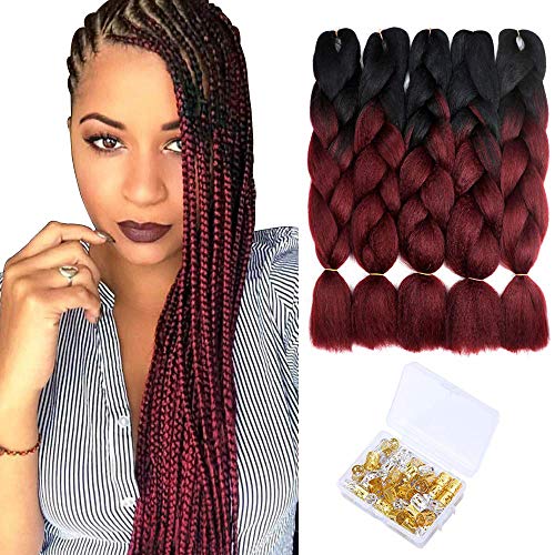 Ombre Braiding Hair Extension Synthetic Hair Crochet Braids Two Tone Jumbo Braiding Hair 24 Inches, 5Pack/Lot (1B/Bug)