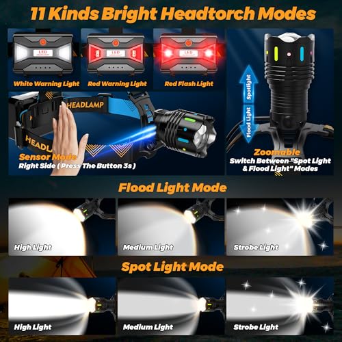 XILUO 210000 Lux 12 Modes Head Torch with Adjustable Focus, Motion Sensor, 95H Standby, 125° Angle and Warning Light, IP65 Waterproof for Outdoor Walking, Fishing, Camping and Hiking - Image 3