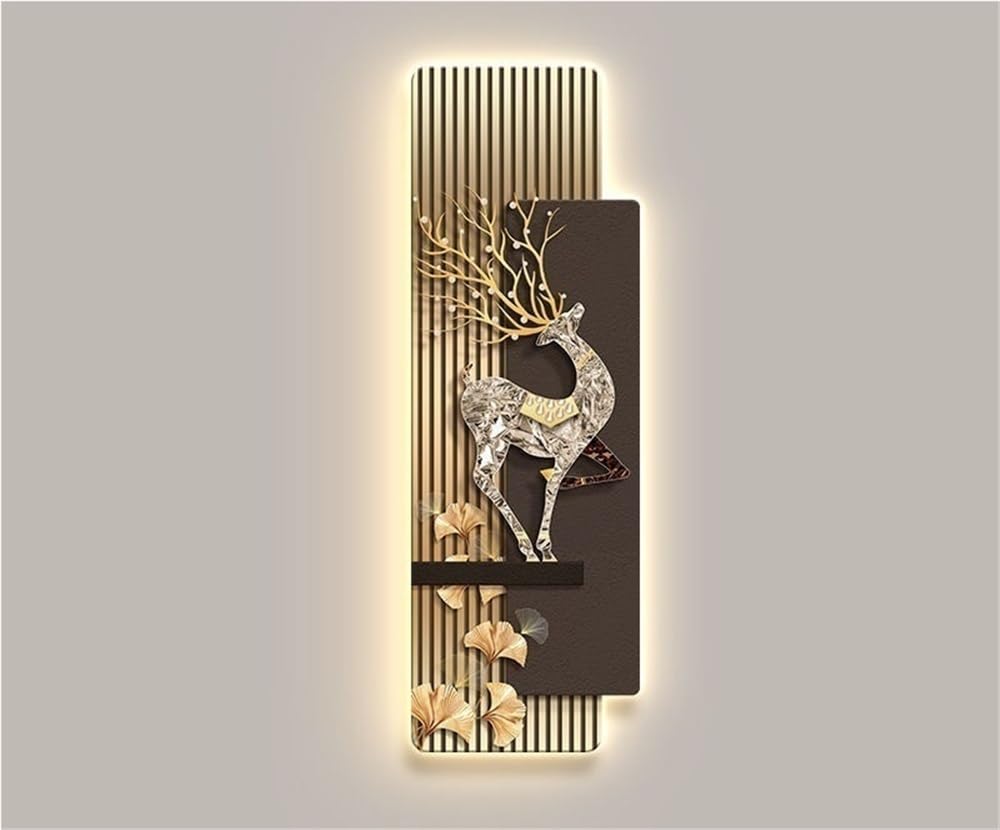 Cuadro de Pared de imitación de Pintura con Luces LED, Porcelana de Cristal finamente Tallada para Sala de Estar, Entrada y Pasillo (Dorado, 30 x 90 cm)