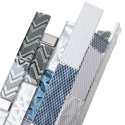Blujellyfish Subway Glass Backsplash Tile Blue Silver White Mosaic Sheet Mesh Mounted Metallic Textured Interlocking 3D Tile For Kitchen Bathroom Walls Nb35B (Pack Of 5 Sheets) #TOP7