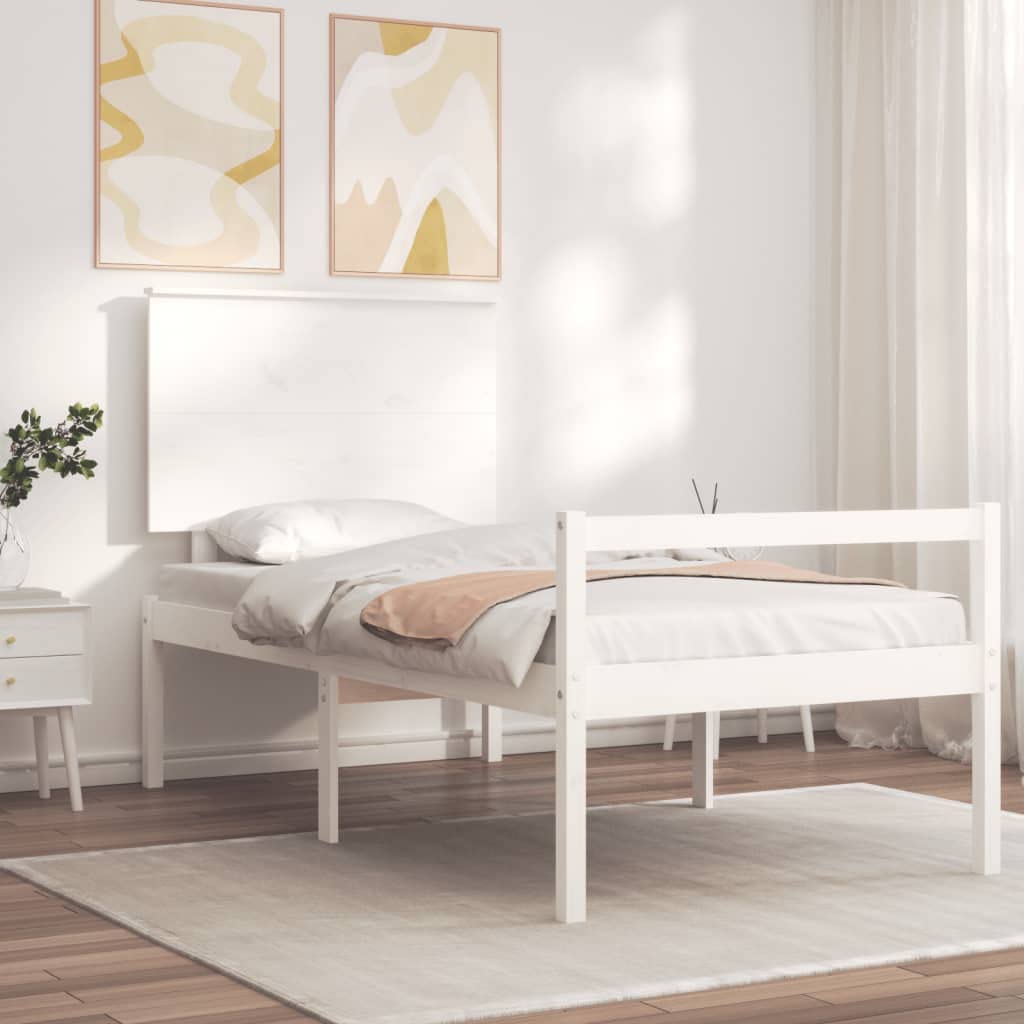 Seniorenbett 90x190 cm mit Kopfteil, Massivholz Kiefer Bettgestell in Weiß, Seniorengerechtes Holzbett mit 45 cm Sitzhöhe, Einzelbett für Senioren und Erwachsene