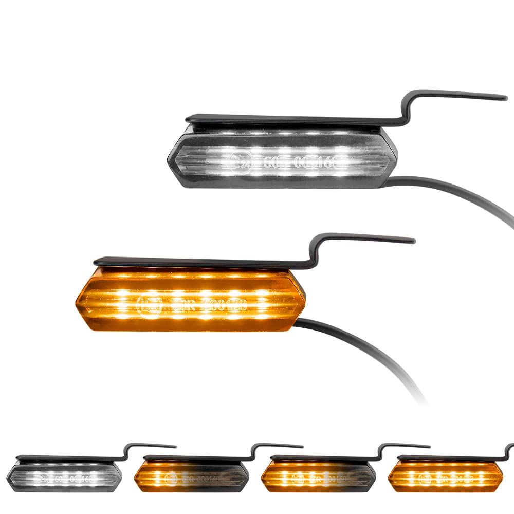 Mini LED Turn Signals Motorcycle Front Sequential Indicators 3 Wire Handlebar Blinkers with Running Lights Universal Compatible with Harley Yamaha Honda Kawasaki(Black with White/Amber light)