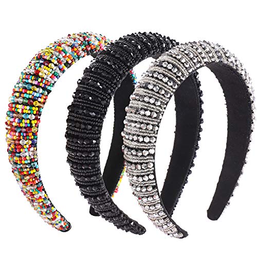 Rhinestone Padded Headband For Women Bejewelled Velvet Beaded Wide Hairband Statement Baroque Wedding Headpiece Hair Accessory pack of 3 (Style:A)