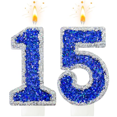 Lurevian 15th Birthday Decorations for Boys Blue & Silver Glitter Number 15 Candle Sparkly Cake Topper for Birthday Party Celebration