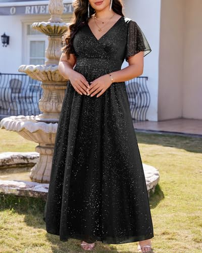 Image of Talisea Plus Size Formal Dresses - V Neck Flutter Sleeve Glitter Prom Evening Gowns Wedding Guest Chiffon Long Maxi Dress