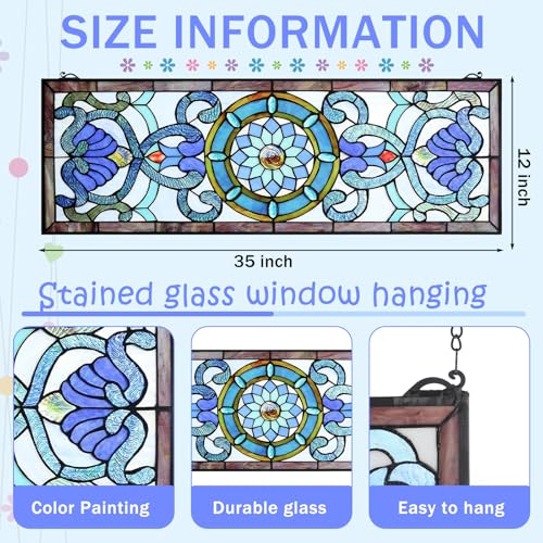BrightRow Extra Large Stained Glass Window Panels with Chain Kit, 35 x 12 Inches Blue Victorian Horizontal Rectangle Window Hanging Transom for Home and Kitchen Decor - Thumbnail 2
