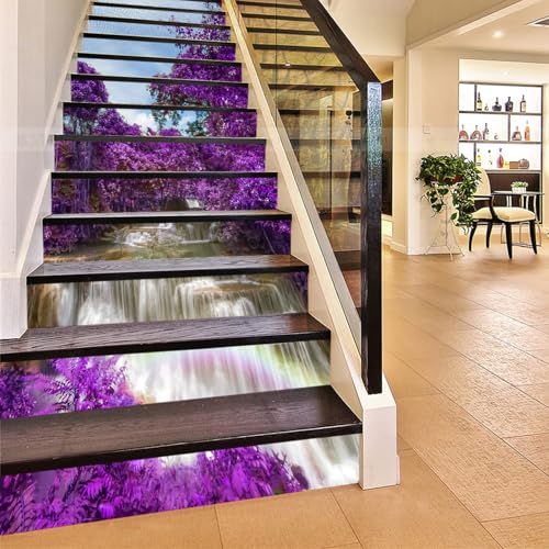 FLFK 3D Cascade fleur violette arbres Autocollants d'escalier auto-adhésifs Escalier Riser Stickers Décor Escalier Murale 39.3'x 7' x 13 Pcs