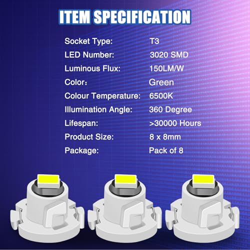8 piezas de bombillas LED T3 verdes para tablero de auto miniatura 5