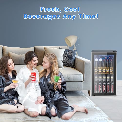 Image of Electactic 26 Bottle Wine Cooler 130 Can Beverage Refrigerator, Small Freestanding Cabinet Wine Cellar with 32℉-61℉ Temperature Control Glass Door, Black
