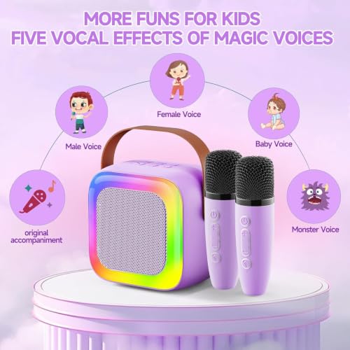 Image of MIni Karaoke Machine for Kids with 2 Wireless Microphones, Portable Bluetooth Speaker, LED Disco Lights & Voice Changer, Great Birthday Gift for Girls Ages 3-12, Perfect for Family Parties and Home