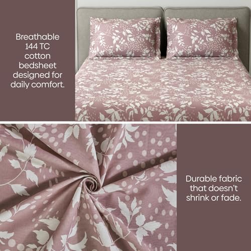 Image of Haus & Kinder King Size Bedsheet for Double Bed with 2 Pillow Covers 108 x 108 Inches | 144 TC Cotton Bedsheet for King Size Bed - Wine Foliage