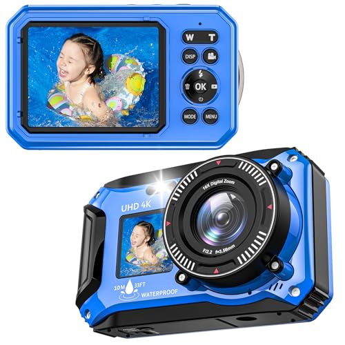 Digitalkamera, Yixinxin 4K 64MP 33FT UHD Unterwasserkamera zum Schnorcheln mit 32GB Karte Dual-Screen Kompakte wasserdichte staubdichte schwimmfähige Kamera Autofokus Digitalkamera wasserdicht 1500mAh