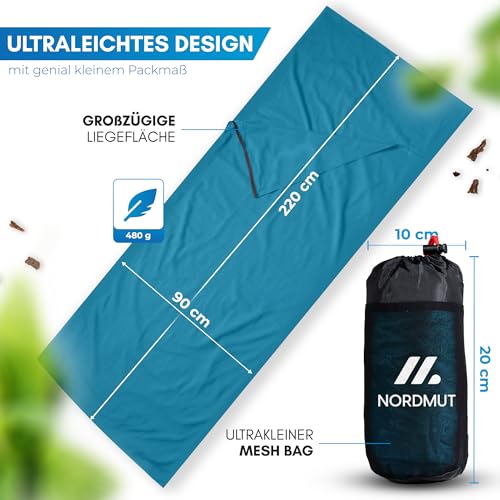 NORDMUT® Hüttenschlafsack Baumwolle Ultraleicht - Sommerschlafsack Kleines Packmaß & Atmungsaktiv - Schlafsack Dünn & besonders weich inkl. Kissenfach [220 x 90 cm] 5