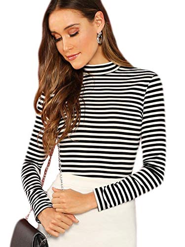 Floerns Women's High Neck Long Sleeve Slim Fit Stretch Striped T-Shirts Black And White, S #TOP5