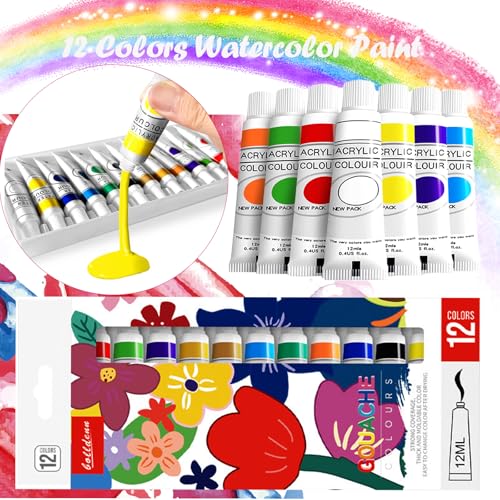 Mini Aquarell Travel Set, Pocket Aquarell Set, Aquarellfarben Farbkasten 12 Farbe & Mini Holz Malpalette & Skizzenbuch & 3 Stück Wasserpinsel Stifte für Maler Künstler Studenten Hobbymaler (Rosa)