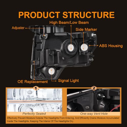 Image of Headlight Assembly for 2009-2014 Ford F150 Driver Left & Passenger Right Side Replacement Chrome Housing Amber Reflector