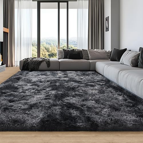 Soft Plush Shag Area Rug 8x10 for Living Room & Bedroom Non Slip High Pile Carpet Modern Tie Dye Dark Grey Design Perfect for Kids' Rooms & Cozy Spaces