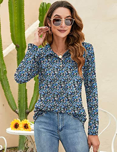 Lomon Women's Long Sleeve Polo Shirt V Neck Collared Shirts Casual Work Tops Blouses Black Floral M #TOP1