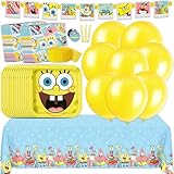 Spongebob Birthday Decorations | Serves 16 Guests | Spongebob Party Decorations | Table Cover, Banner, Plates, Napkins, Balloons, Crepe Streamer, Candles and Button | Officially Licensed
