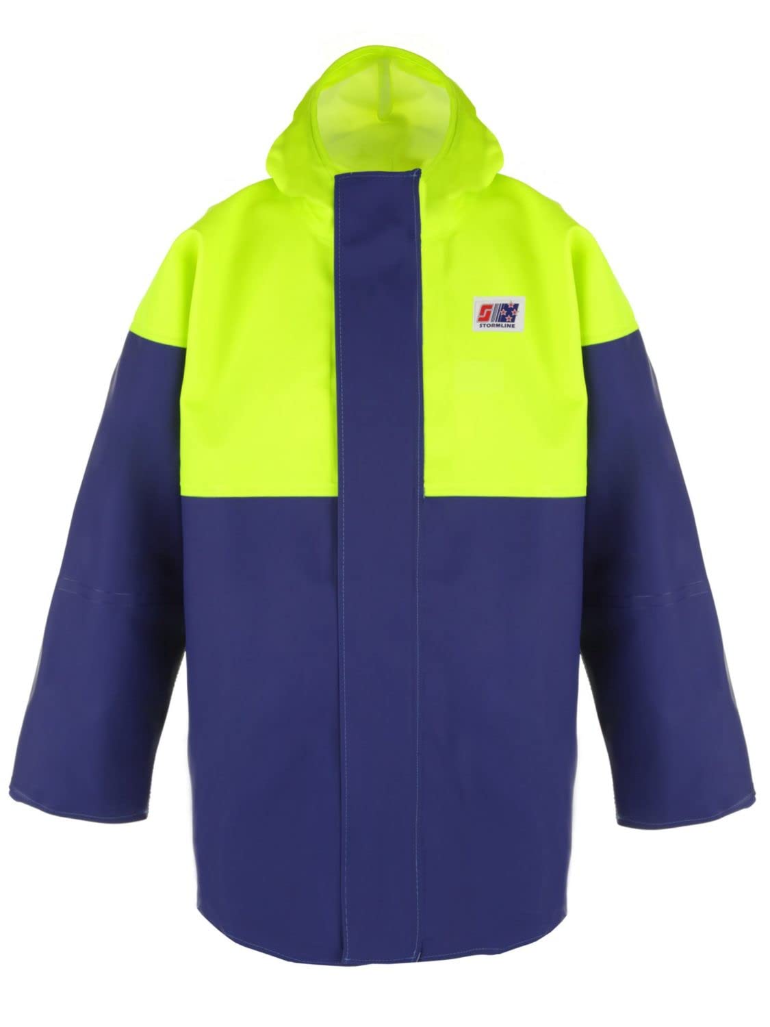 Stormline Crew 211 Fishing Jacket - 2-Layer 650gsm PVC, Welded Seams, Neoprene Cuffs, Pro Commercial Rain Gear - Blue/Neon
