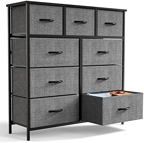 Dresser, Dresser for Bedroom, Storage Drawers, Tall Dresser Fabric Storage Tower with 9 Drawers, Chest of Drawers with Fabric Bins, Steel Frame, Wooden Top for Kid Room, Closet, Entryway, Nursery