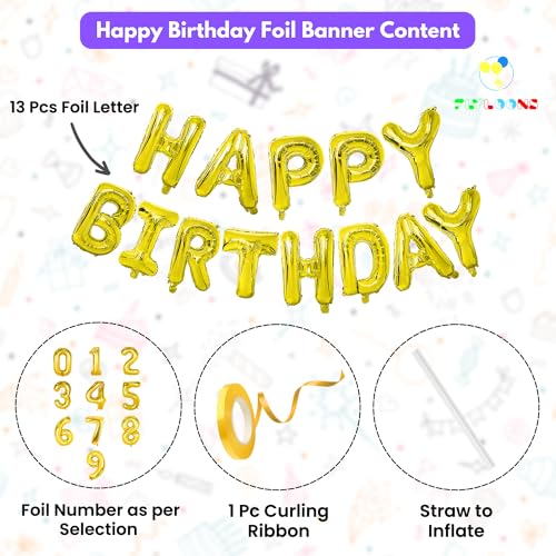 Image of Flyloons 4th Golden Colour Happy Birthday Foil Balloon Banner Set For 4 Year Old Boys Girls Baby | With Number Four | 13 Letters Reusable Happy Birthday Metallic Foil Balloons Decoration Kit, 14 Pcs