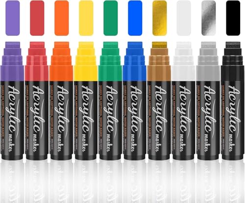 Owelth 10 Farben 15mm Acrylstifte Breit 3-in-1 Jumbo Acrylfarben Graffiti Stifte Acrylmarker für Steine Wasserfest Permanent Marker Fein zum Bemalen Holz Glas Karton Blumentopf Straßenkünstler