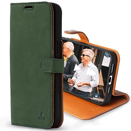 Image of Snakehive Leather Wallet for iPhone 15 Pro Max || Real Leather Wallet Phone Case || Genuine Leather with Viewing Stand & 3 Card Holder || Flip Folio Cover with Card Slot (Green)