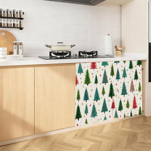 Image of Self Adhesive Evergreen Pine Tree Cabinet Curtain for Mother's Day, 39x28 Inch Forest Under Sink Skirt No Drill, Spring Cleaning Kitchen Decor, Hook and Loop Laundry Valance, Fabric Panel