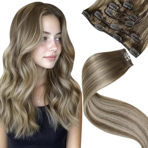 Image of LaaVoo Clip in Hair Extensions Balayage Brown to Blonde, 22inch 5pcs | Long Human Hair Extensions Clips for Wedding, Real Remy, Natural Straight Hair, 80g