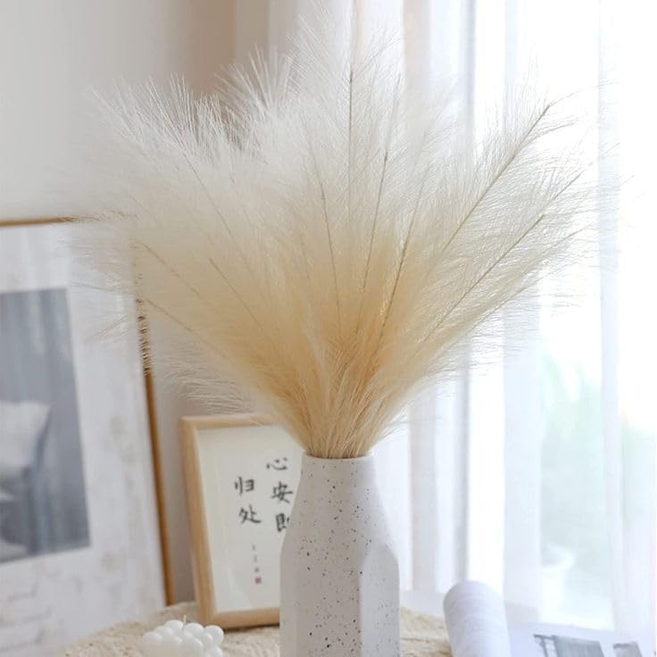 CURATED CART 3 Pcs Faux Pampas Grass - 17 inch Artificial Fluffy Flowers for Home Decoration - Wedding & Office Decor | Dried Plants - Leaves & Grass Arrangement (Without Vase) - Beige-image-17