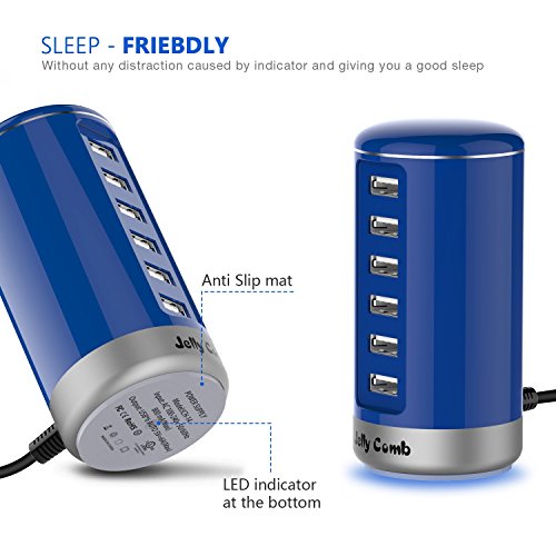 USB Charger Multi Port Wall Charger : Jelly Comb 6 Port USB Desktop Charging Station with Smart Identification for Phones, Tablets, USB Fan, Power Bank and More - Blue