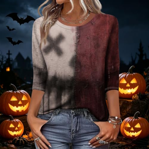 Image of Women Spooky Halloween Graphic Shirt 3 /4 Length Sleeve Crewneck Top | Halloween Funny Printed Pumpkin Plus Size Tshirts 2026 Fall Outfits Skeleton Tee Going Out Tops