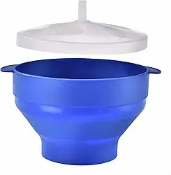 Tigela dobrável de silicone para fazer pipocas com tampa – Seguro para forno e micro-ondas para petiscos saudáveis, fácil de limpar - azul