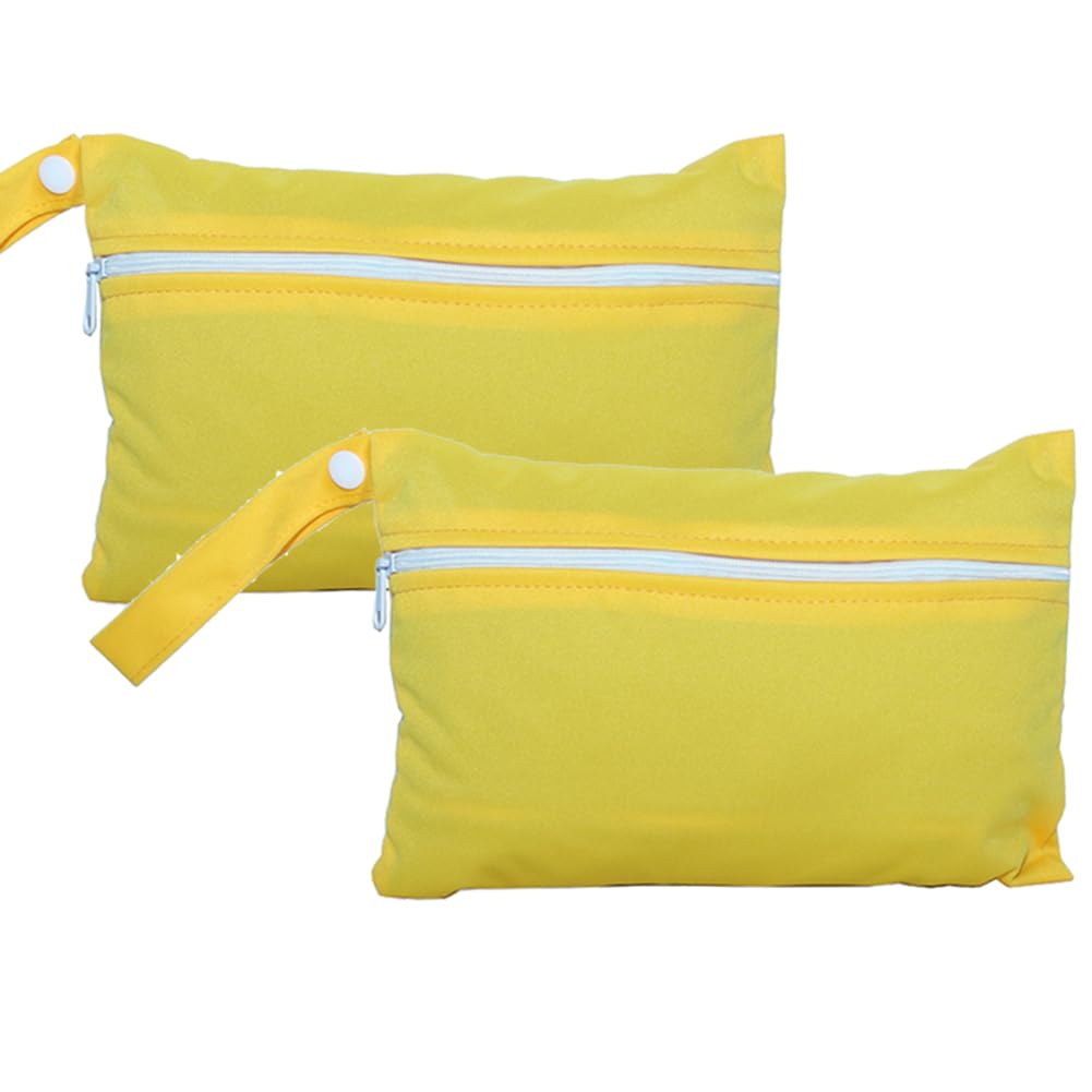 Wet Dry Bags 5.9 × 8.8 in 2 Pack Small Waterproof Diaper Bag with Single Zipper Reusable Polyester Travel Pouch for Baby Cloth Diapers Swimsuits Makeup Toiletry Storage (Yellow)