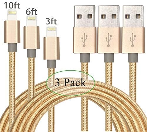 Yakonn AA06 Charging Cable Lightning Cable 3', 6', 10' iPhone Cable USB Sync and Charging Cord for iPhone 7 Plus/7/6S Plus/6 Plus/SE/5S/5C/5, iPad 2/3/4 Mini, iPad Pro Air - Golden - 3 Piece