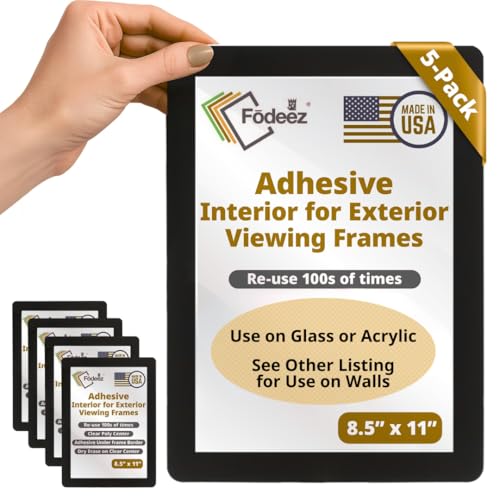 Fodeez Letter-Size 8.5 x 11 Adhesive Interior for Exterior Viewing Frames - Reusable Sticker Holder Display for Windows & Doors Paper Holder Dry Erase Non Acylic & Non Magnetic - Black Pack of 5