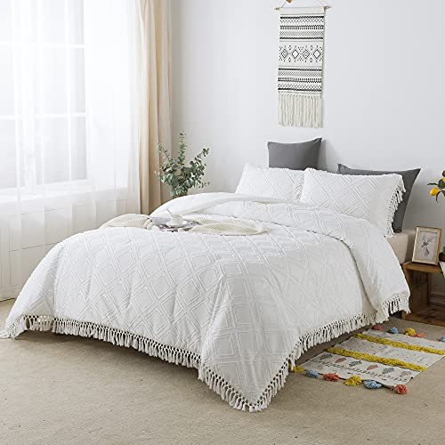 Perkily Chic Bedding White Comforter Set Tassel Fringed Queen 3 Pcs Clip Jacquard Bohemian Bedding Sets Vintage And Elegant Ruffle Boho Baby Teen Girls Bed Comforters #TOP1