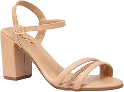 Sandália Feminina Salto Bloco Grosso Tiras Strass Moda Casual Básico Confortável
