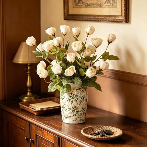 6Pcs Beige Roses Artificial Flowers – 27" Tall Lifelike Silk Rose Stems for Vase, No Maintenance Faux Floral Branches for Wedding Centerpieces, Home Decor, Anniversary & Valentine's Day Arrangements — view 2