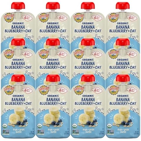 Earth's Best Organic Baby Food Pouches, Wholesome Breakfast Puree for Babies 6 Months and Older, Organic Banana Blueberry and Oat Puree, 3.5 oz Resealable Pouch (Pack of 12) (Packaging May Vary) Cover