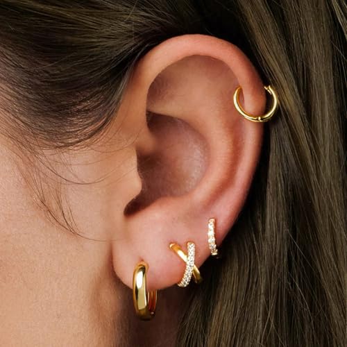 Small Gold Hoop Earrings for Women, 14K Gold Plated Hypoallergenic Earring Set, Dainty Cartilage Huggie Hoop Earring Stacks for Multiple Piercing3